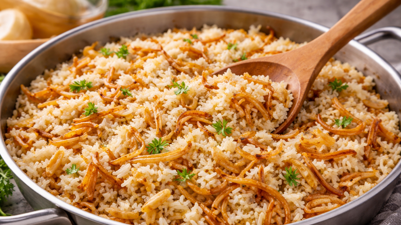Arroz con fideos y cebolla